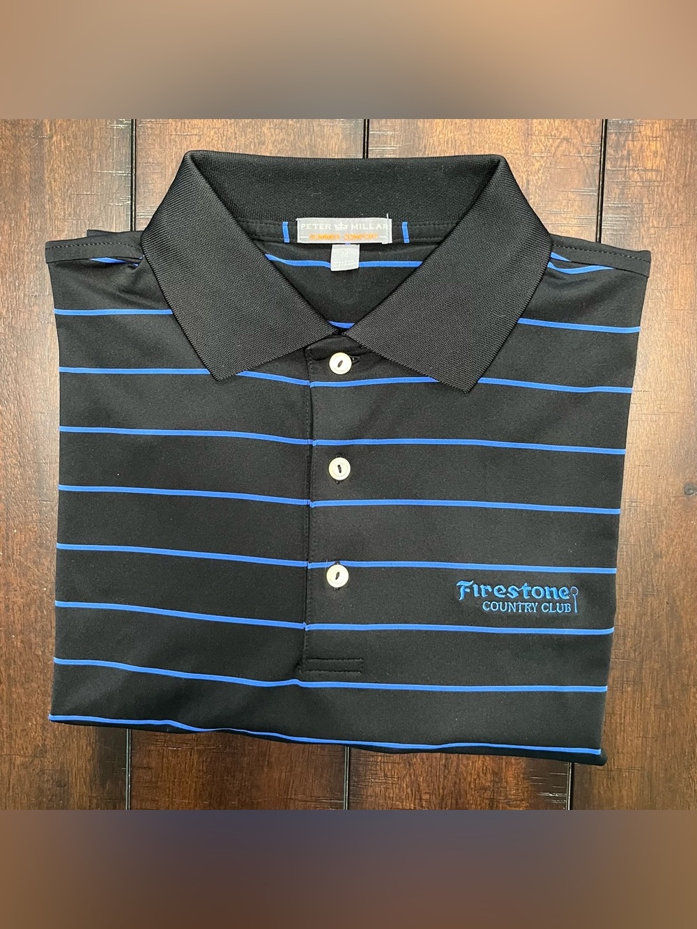 Peter Millar Black Polo with Blue Stripes Firestone Country Club